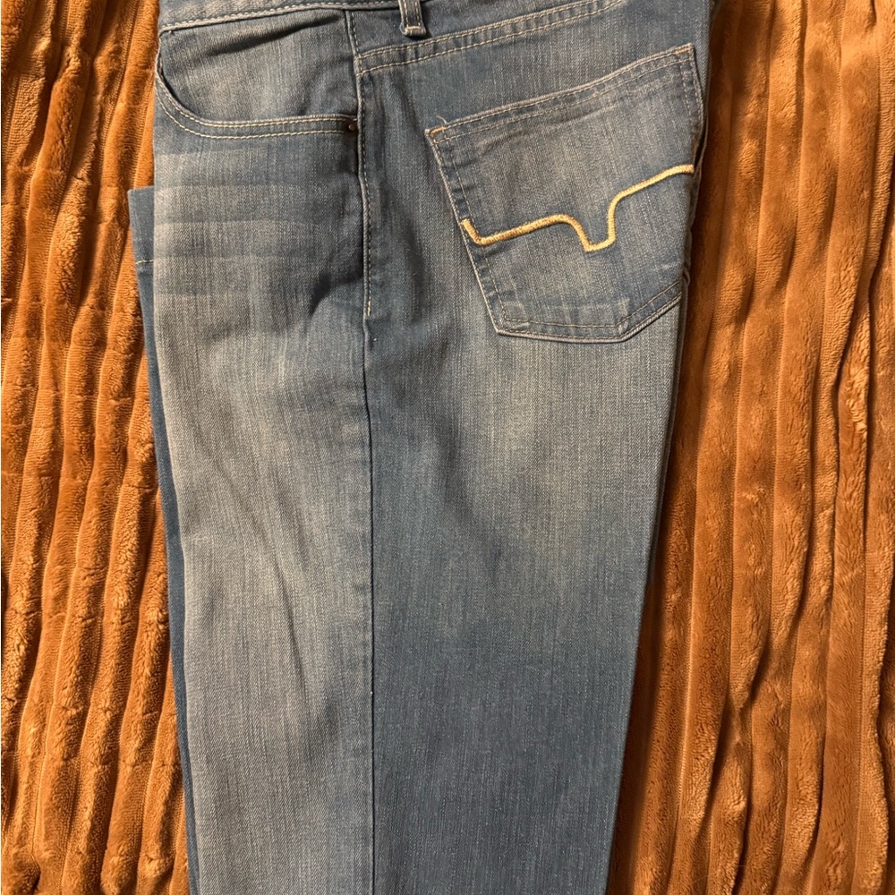 Kimes Ranch Women's Blue Boot Cut Jeans with Yellow Stitching